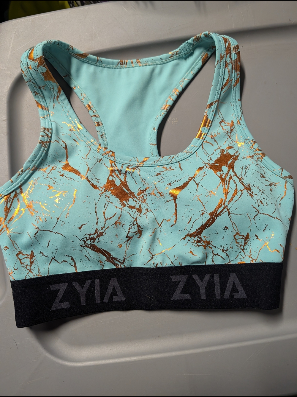 ZYIA Mint Teal Sports Bra with Gold Marble Accents